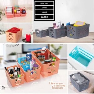 Plastic Pack Of  3 Smiley Face Storage Basket (With Lids)   ✨☑  Random Colours ✨