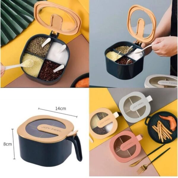 4 In 1 Partition Kitchen Seasoning Spice Box Square Shape Spice Rack Kitchen Storage 4 Compartments Masala Holder
