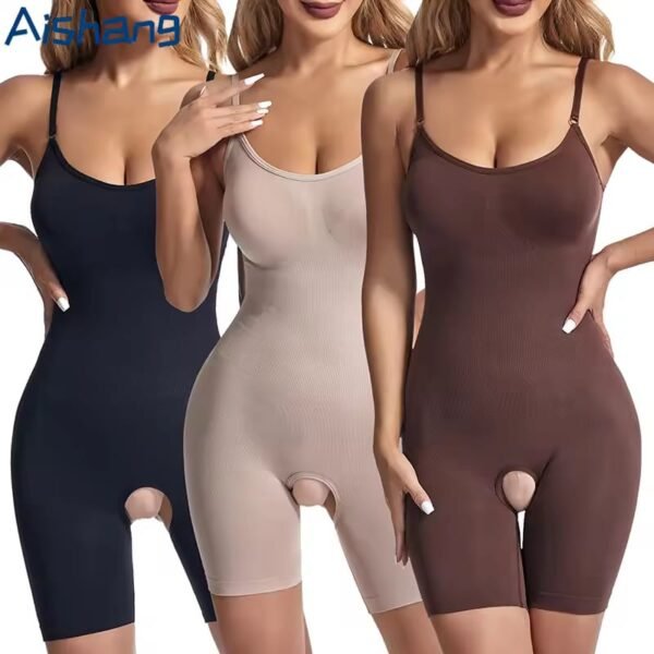 Women's Bodysuit with Spaghetti Straps and Open Crotch Tummy Control Shapewear Full Body Shaper Butt Lifter Thigh Slimmer Shorts (Random Colours)1050 - Image 2