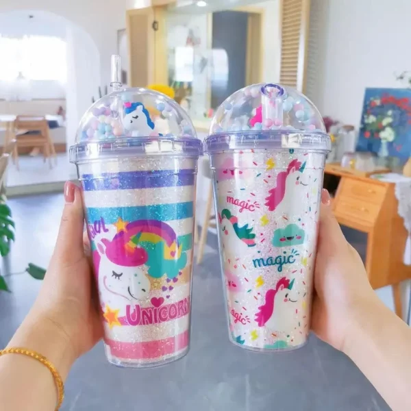 Creative Unicorn Plastic Cup With Lid And Straws - Image 2