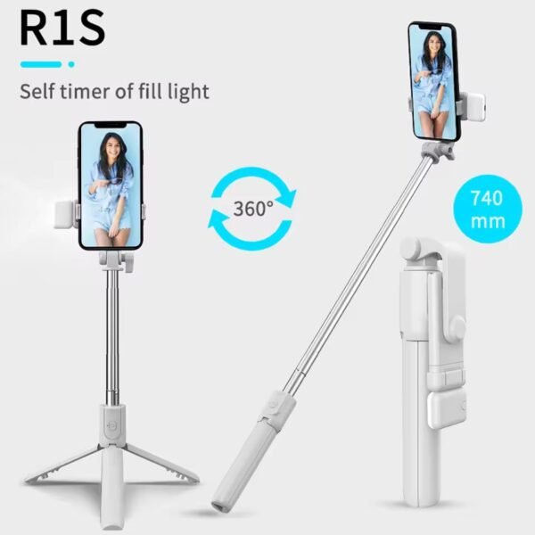 R1S Bluetooth Selfie Stick Tripod with Remote Control | 360° Foldable Selfie Rod for Phone & Action Camera with LED Light ✨  Rs 850/- 💫🌟 (With Box) - Image 2