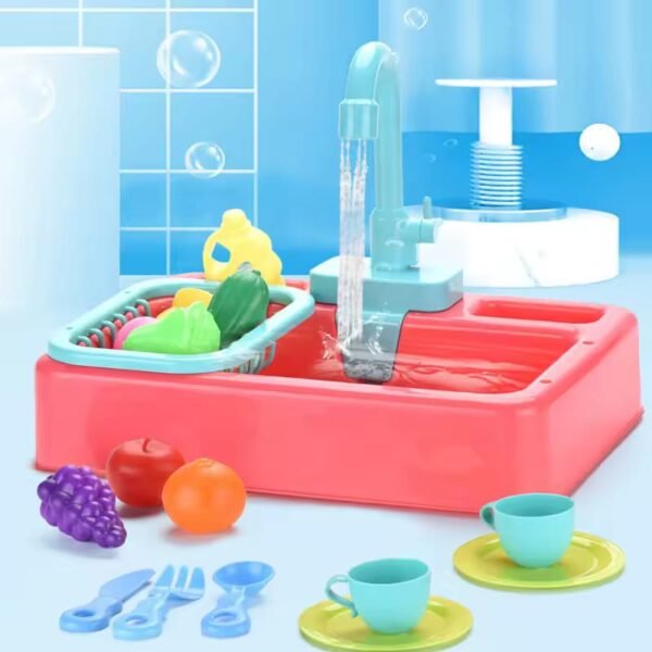 Kids Kitchen Electric Sink Playset, Automatic Circulating Water Outlet, Educational Cleaning Toys      - Image 3