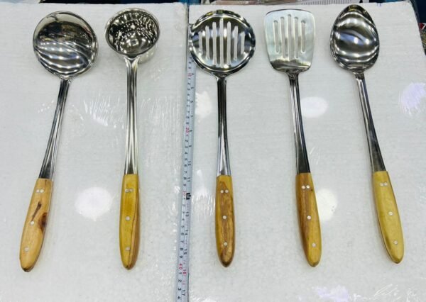 STAINLESS STEEL KITCHEN COOKING UTENSILS WITH WOODEN HANDLE 5- PCS SET  