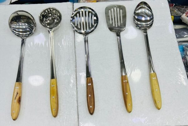 STAINLESS STEEL KITCHEN COOKING UTENSILS WITH WOODEN HANDLE 5- PCS SET   - Image 2