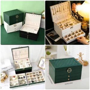 Three Layer Leather Jewelry Box with Lock Earrings Jewelry Storage Box
