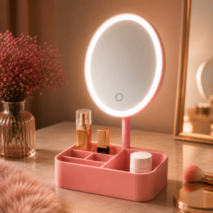 “Upgrade your beauty routine with this elegant LED vanity mirror organizer Perfect lighting,    qad