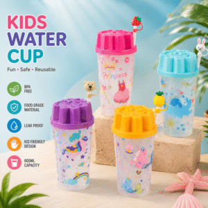Cute, colorful kids sipper cup with leak-proof lid and built-in straw for easy, mess-free hydration.