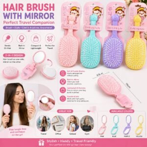 Compact 2-in-1 hair brush with built-in mirror, perfect for quick touch-ups on the go.   khu