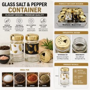 Elegant glass salt & pepper container with premium gold lid, perfect for stylish and convenient kitchen use. 220    khurram