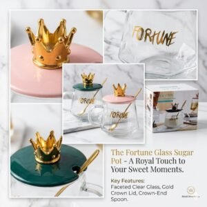 Elegant glass sugar pot with a royal crown lid, adding a luxurious touch to your table.  khu