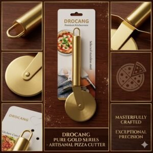 Premium gold stainless steel pizza cutter for smooth, precise slicing with elegant style.  khu