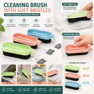 Soft-bristle cleaning brush for deep, scratch-free cleaning across kitchen, bathroom, and household surfaces. 180