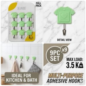 Strong adhesive 9-piece wall hooks set, perfect for easy and damage-free organization anywhere.khu
